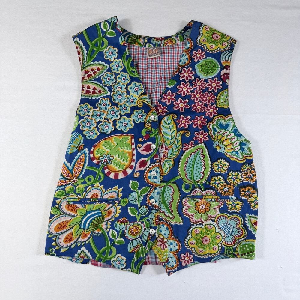 Oilily Womens Medium Floral Paisley Patchwork Vest Plaid Back Boho Cotton Artsy